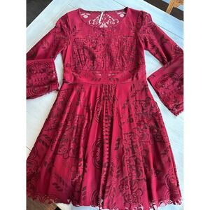 Free People Ruby‎ Red Lace Bell Sleeve Fit Flare Holiday New Year Dress Size 6